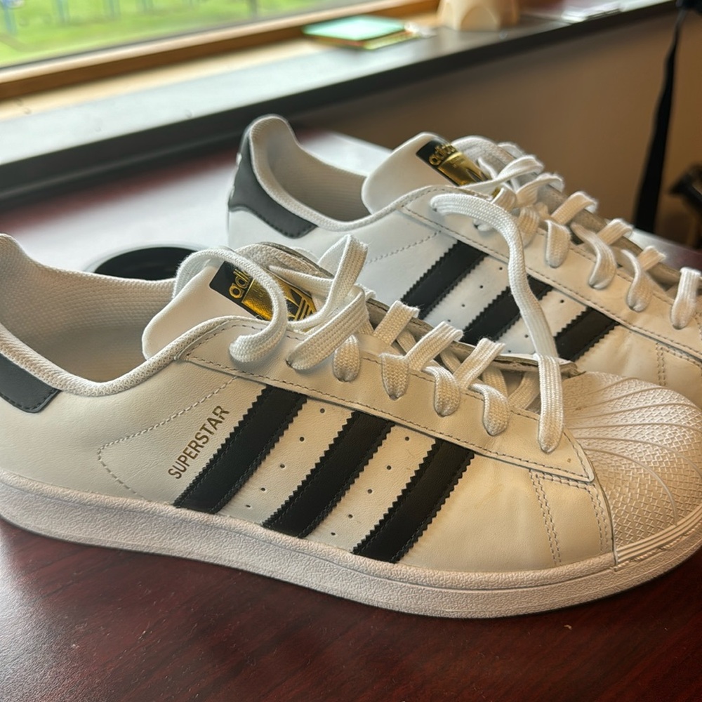 Adidas black and white gold superstar 9.5 women’s